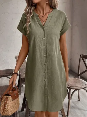 Olive Green V-Neck Button-Up Short Sleeve Cotton Dress thumbnail 3