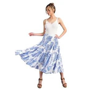 ee:some Blue White Botanical Fern Print Tiered Ruffle Maxi Skirt Dress‎ Smocked thumbnail 11