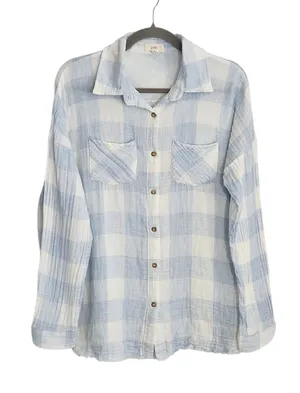 OTT Light Blue and White Check Cotton Gauze Button Down Shirt Size XL thumbnail 1