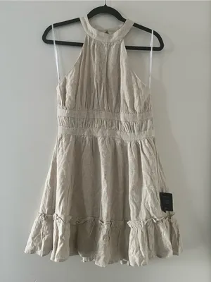 Lulus Beige Linen Blend Halter Mini Dress Medium Coastal Euro Summer NWT thumbnail 1