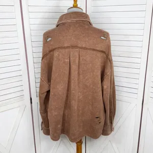 Oddy‎ Shacket Jacket Women Medium Large Brown Distressed Jersey Knit Cropped thumbnail 4