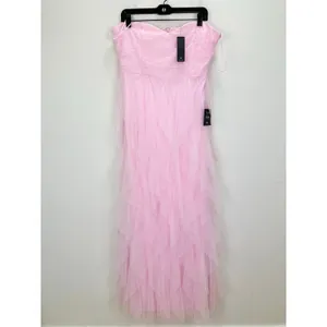 Lulus Delightful Beauty Pink Mesh Strapless Ruched Ruffled Maxi Dress XL NWT thumbnail 5