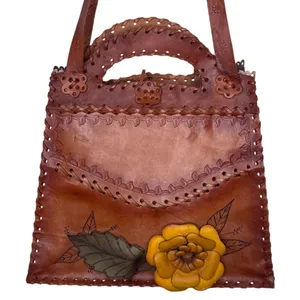 1970s Brown Tooled Leather Sculpted 3D Flower Boho Artisan Shoulder Bag thumbnail 1
