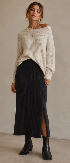 Aerie Black Ribbed Knit Midi Skirt Side Slit High Rise Sweater Skirt‎ Womens L thumbnail 1