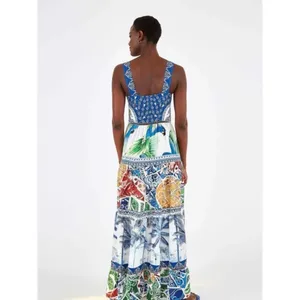 Farm Rio Blue Valeria Maxi Dress Women Large Multi Tropical Boho Tiered Lace thumbnail 2