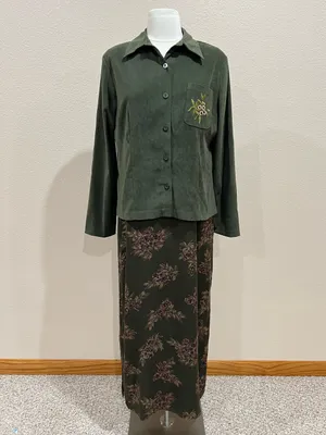 Erika Vintage 90s Two Piece Set Olive Green Floral Maxi Dress & Shacket Sz Small thumbnail 4