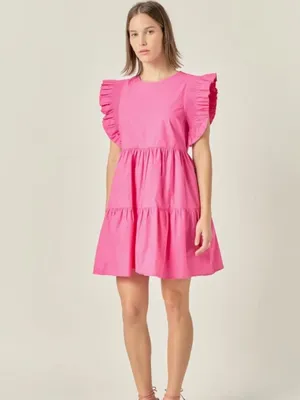 English Factory | Ruffled Babydoll Mini Dress w/ Pockets Fuchsia Pink thumbnail 3
