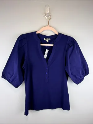 Madewell Puff Sleeve Henley Knit Top Blue Modal Blend Size XL NWT thumbnail 6