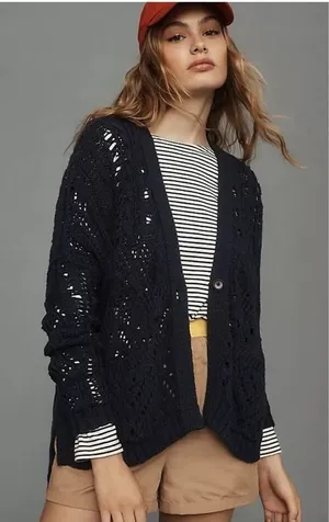 Anthropologie Pilcro Open Stitch Cardigan XS Blue Single‎ Button Coastal Chic thumbnail 1