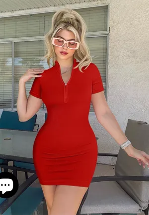 OQQ Red Ribbed Zip-Front Short Sleeve Bodycon Dress thumbnail 1