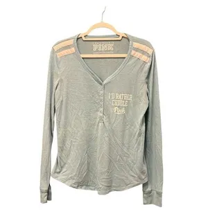 PINK - Victoria's Secret Women's Blue Graphic Henley Long Sleeved T-Shirt Size L thumbnail 1