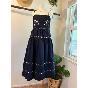 Navy Blue Floral Embroidered Folk Tiered Midi Dress Size Small 100% Cotton thumbnail 12