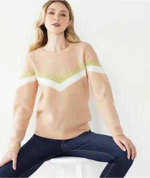 Nine West Womens Pink Ribbed Chevron Sweater Gold Metallic Stripe Cozy Size L thumbnail 1