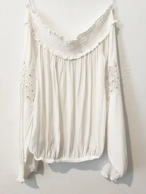 Ramy Brook Marla Blouse Size Small White Off‎ Shoulder Smocked Euro Summer Chic thumbnail 11