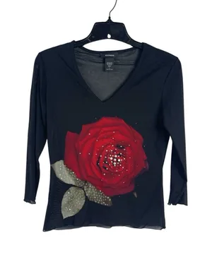 Express Y2K 90s Black Dark Floral Red Rose Mesh Sheer Top 3/4 Sleeve Whimsigoth thumbnail 1