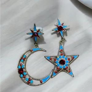 NEW Mismatched Moon & Star Dangle Stud Earrings Gold thumbnail 1