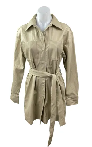 ASOS Collusion Beige Faux Vegan Leather Long Sleeve Belted Mini Shirt Dress Sz 6 thumbnail 1