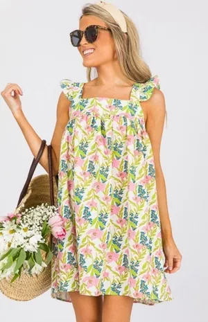 Tuckernuck Linen floral block print babydoll mini dress ruffle pyjama square neck flutter thumbnail 1