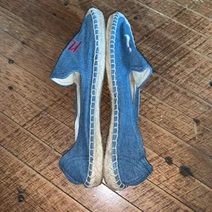Soludos denim blue embroidered Oui Non raffia slip on shoes thumbnail 5