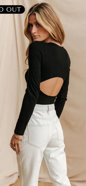 Bohme Noelle Ribbed Open Back Black Bodysuit Medium Long Sleeve‎ Chic Classic thumbnail 1