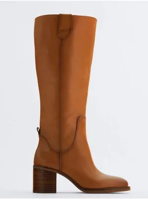 Zara Leather Knee High Block Heel Pull On Boots thumbnail 5