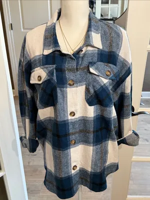 SHEIN Blue & Cream Plaid Flannel Oversized Shacket Jacket S Cottagecore Casual thumbnail 3