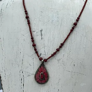 Boho festival red seed bead faux coral necklace. thumbnail 3