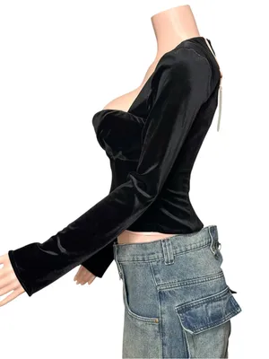 HOUSE OF CB Sierra Long Sleeve Plunge Corset, Black Velvet, Small thumbnail 6