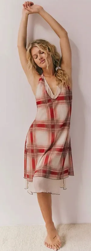 Free People Retro 90s Grunge Seeing Double Plaid Layered Midi Slip Dress Medium thumbnail 1