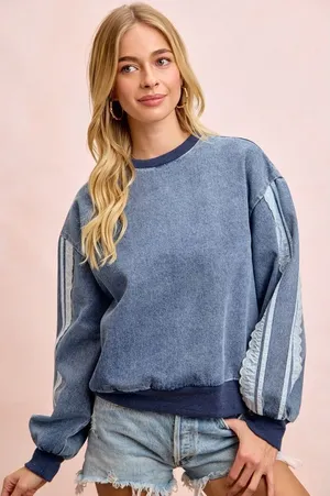 BiBi Washed Denim‎ Lace Contrast Sided Sweatshirt thumbnail 1