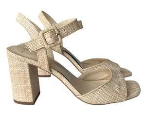 Jessica Simpson Woven Raffia Block Heel Sandals Beige Square Toe Ankle Strap 8.5 thumbnail 1