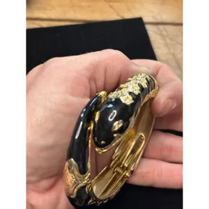 Gold & Black Snake-Inspired Hinged Bangle Bracelet With Rhinestone Embellishment thumbnail 6