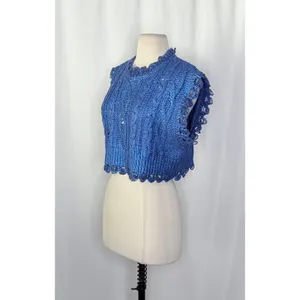 ZARA Metallic Blue Cropped‎ Sweater Cableknit Distressed Cable Knit Crop Small thumbnail 6