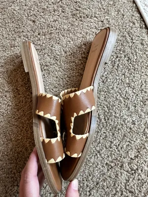 a new day Brown Leather Slip-On Mules with Cream Scalloped Trim thumbnail 4