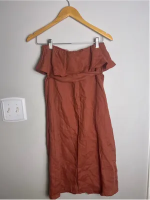 Oliveaceous Rust Linen Blend Strapless Dress S Boho Ruffle Tie Waist Capsule thumbnail 4
