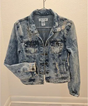 Garage Jalate XL Vintage Blue Acid Wash Distressed Denim Jacket Women Shrunken Crop thumbnail 1