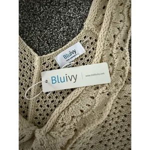 BluiVy Tank Top Womens M Beige Crochet Openwork Lace-Up Ruffle Hem thumbnail 2
