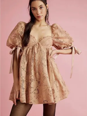 For Love & Lemons Size L Mauve Lace Puff Sleeve Mini Dress Satin Bow Ties thumbnail 2