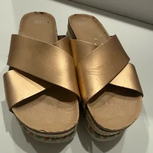 bp Metallic Gold Crisscross Platform Mules thumbnail 1