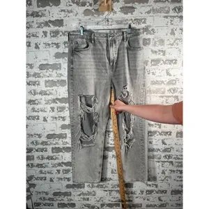 American Eagle | women mom straight jean distressed gray denim thumbnail 5