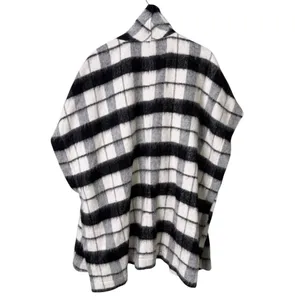 Lucky Brand Wool Oversized Plaid Shawl Poncho Cardigan Sweater Black White Large thumbnail 2