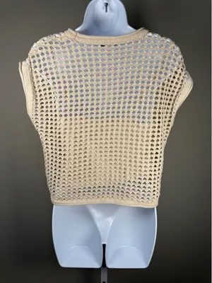 Steve Madden Open Knit Crochet Top Lined Beige Cap‎ Sleeve Coastal Boho Medium thumbnail 1
