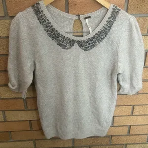 Free People Peter Pan Beaded Collar Sweater Top Size Medium Gray/Beige thumbnail 1