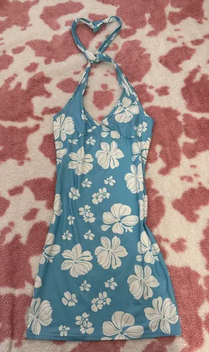 🌺 Y2K Blue Hibiscus Halter Mini Dress | Tropical Island Girl Beach Babe 🌴 thumbnail 1