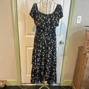 Lane Bryant Black White floral Ruffled Tiered high low off the shoulder Sundress thumbnail 1