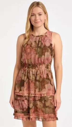 Nicole Miller pink floral smocked waist floral chiffon dress XL thumbnail 1