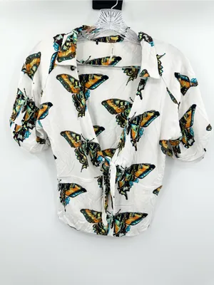 Free People Women's Ready Set Sail Tie-Front Butterfly Print Shirt Size Large thumbnail 2