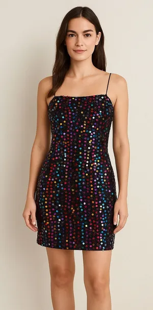 Bear Dance NWT Sparkly Sequin Mini Dress Spaghetti‎ Straps Blk Rainbow Party Clubwear Disco thumbnail 1