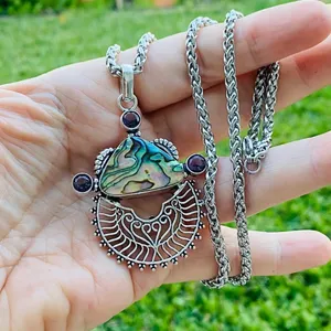 Handmade Abalone Shell & Amethyst Wheat Chain Necklace thumbnail 4
