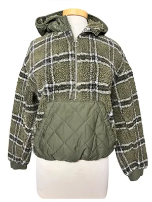 Zara Green Plaid Sherpa Fleece Quilted Pocket Pullover Hoodie (XS) thumbnail 2